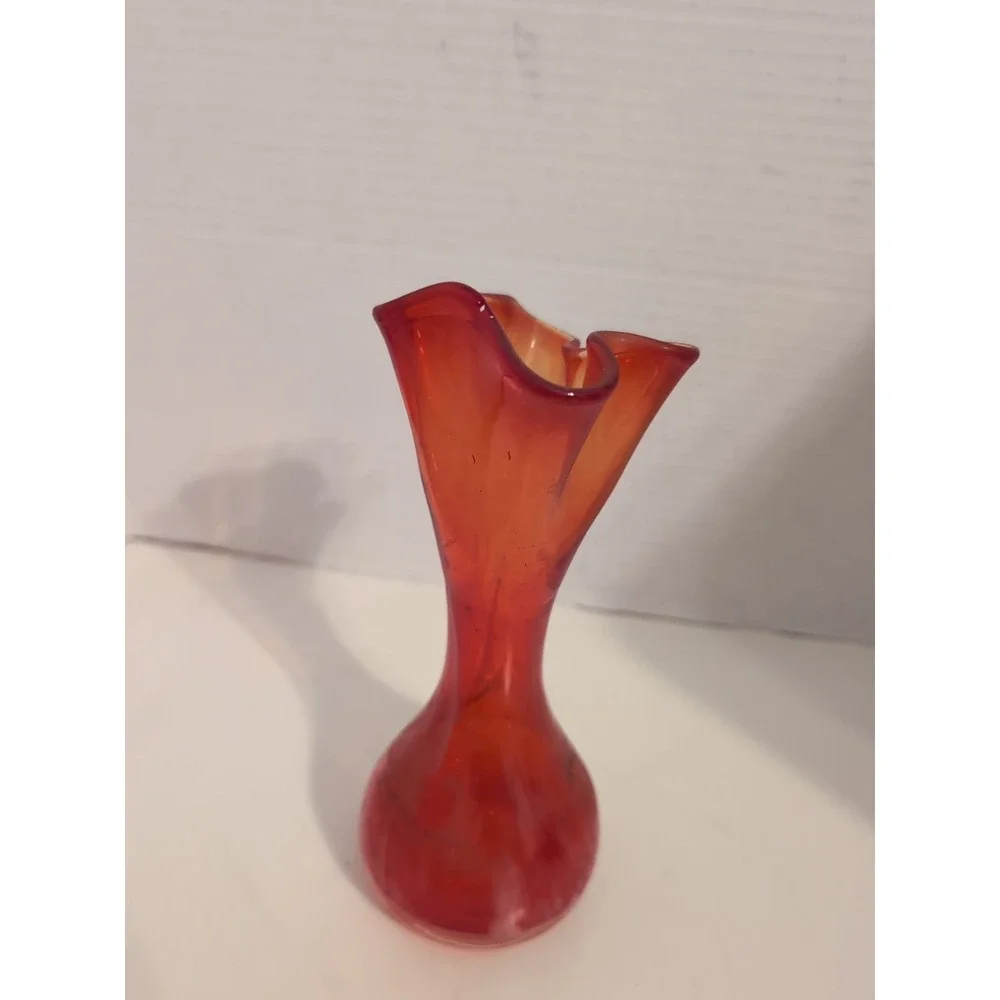 Vintage Hand Blown Art Glass Vace Orange Red‎ Ruffled Top Mid-Cenrury Modern